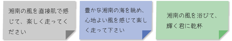 　湘南の風を直接肌で感じて、楽しく走ってください  　豊かな湘南の海を眺め、心地よい風を感じて楽しく走って下さい  　湘南の風を浴びて、輝く君に乾杯